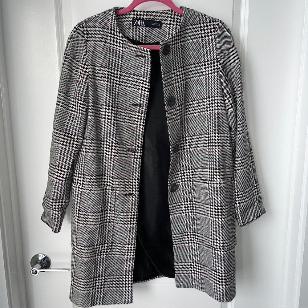 Zara Black and White Check Button Jacket Size Small Work Office Plaid